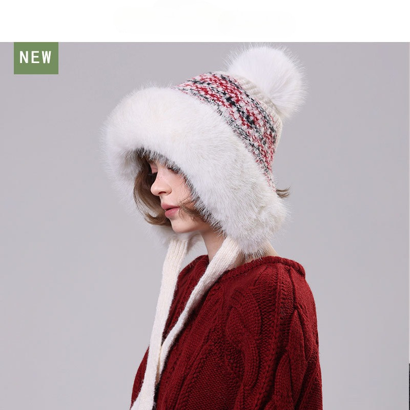 Trapper Hat Ear Flap - Topi Rajut Wanita Berbulu dengan Pom