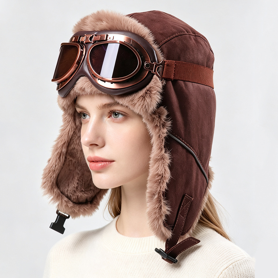 Winter Trapper Hat - Topi Aviator Vintage dengan Kacamata, Berlapis
